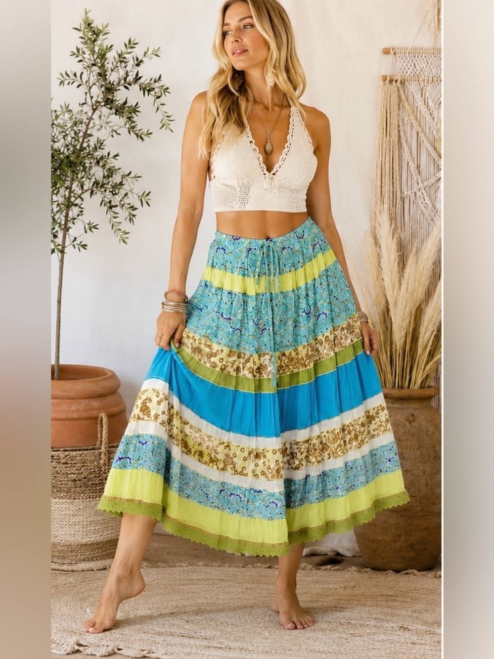 Venezia™ Boho Patchwork Tiered Vibrant Maxi Skirt, Festival Style, Size 18/20